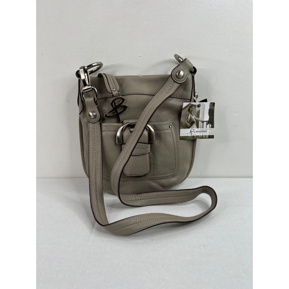 B Makowsky Crossbody Bag Womens Gray Leather Buckle New